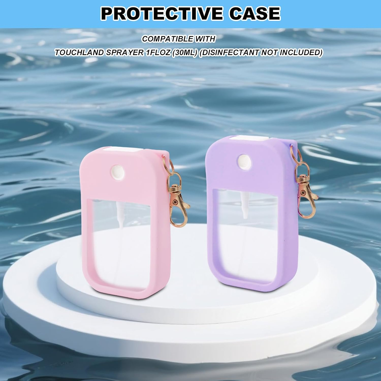 Lasuroa 2Pcs Hand Sanitizer Spray Case, Thickened Silicone Case Compatible with Touchland Hand Sanitizer Spray with Keychain for 1 Fl Oz Portable Accessory (Pink, Purple) image number 5