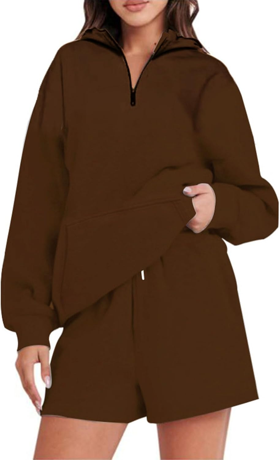 Women'S Hoodie, 2 Piece Outfits Hoodie Short Set, Fall Oversized Half Zip Hoodie Wide Leg Sweatshirt Shorts Set Tracksuit Sweatsuits, Casual Comfortable for Daily Work, Y2K Clothes