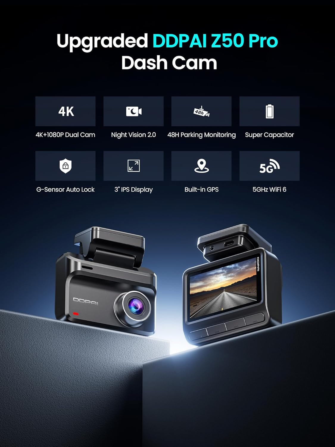 DDPAI Dash Cam Front and Rear 4K+1080P Dashcam for Car, Included 64GB Card, Built-In 5G Wi-Fi 6 GPS, 3'' IPS Screen, 48H Parking Mode, Super Night Vision, ADAS, Loop Recording, Z50 Pro
