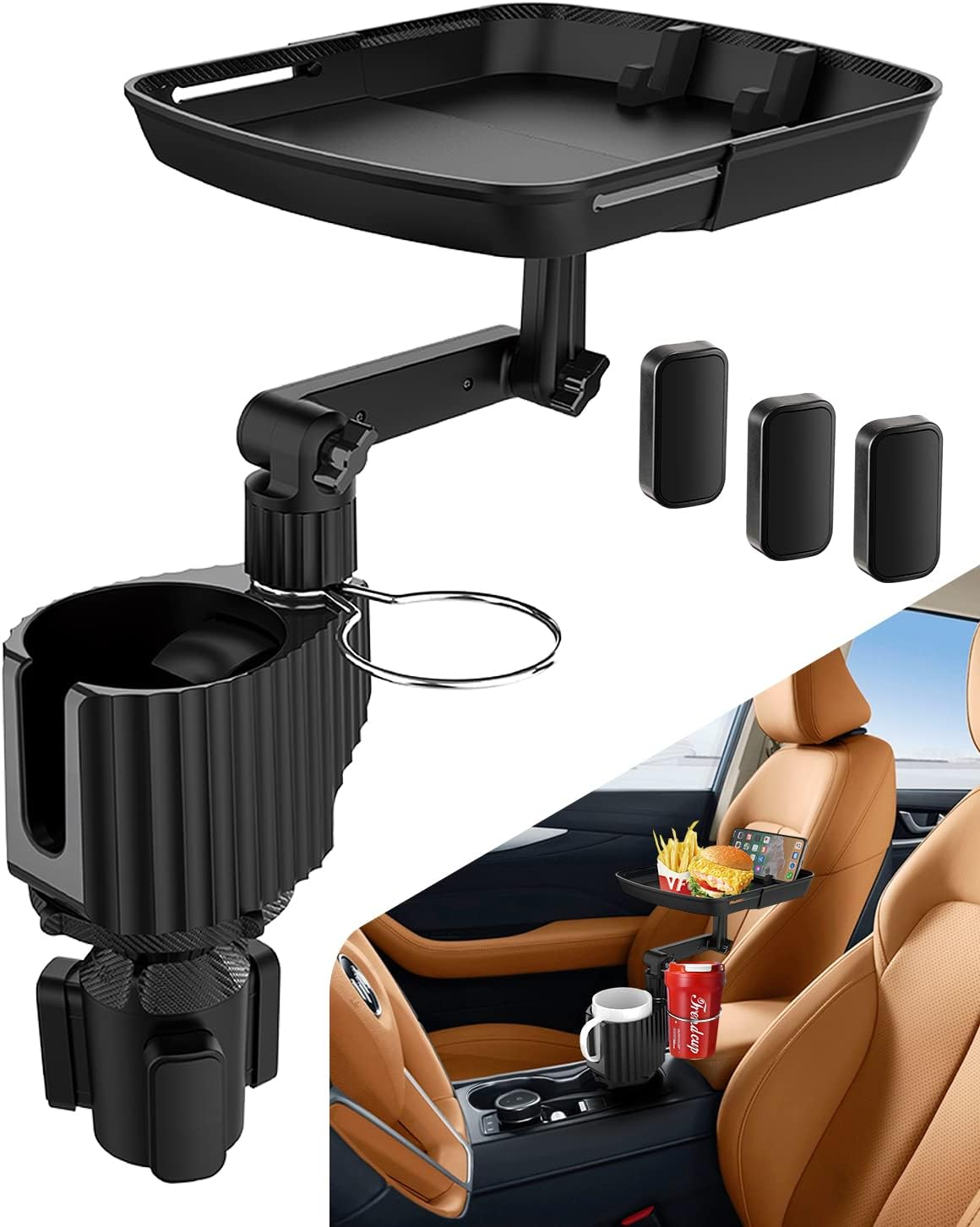 4-In-1 Car Cup Holder Expander Tray,Detachable Upgraded Large Car Food Tray Expandable Dual Cup with Phone Holder,360&deg;Rotation Adjustable Base,Road Trip Essentials Accessories for Drinking and Eating image number 5
