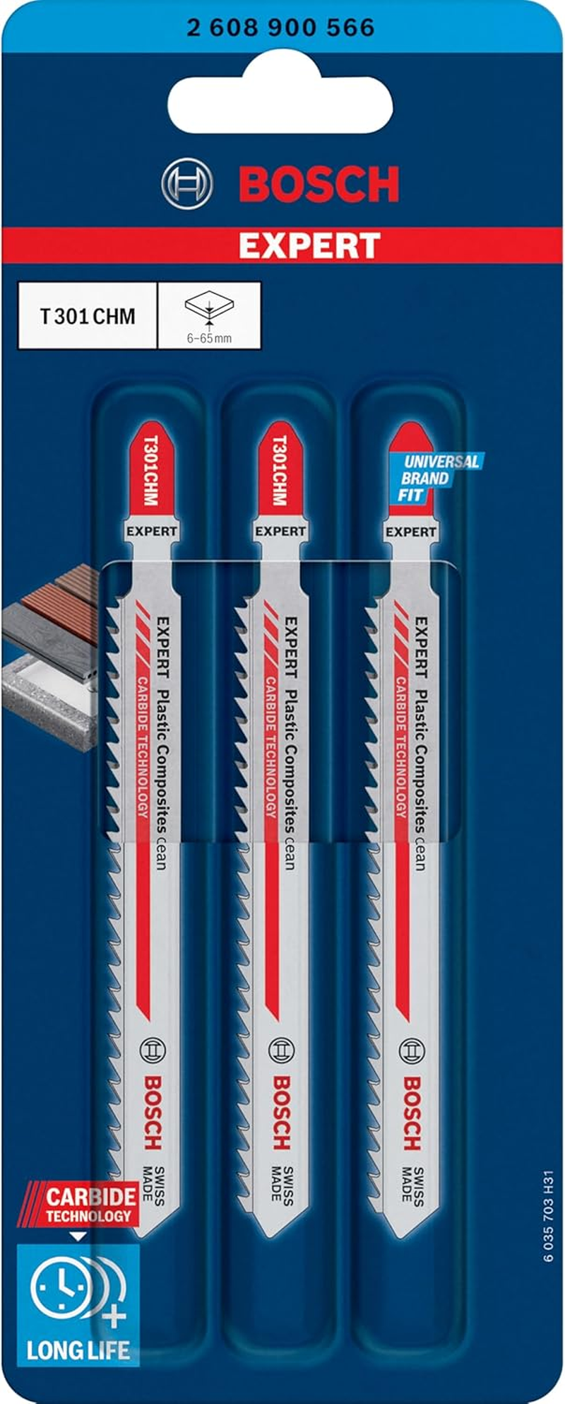 Bosch 3X Expert Plastic Composites Clean T301CHM Jigsaw Blade (For WPC Wood Plastic, Solid Surface Composite, Length 117 Mm, Professional Accessory Jigsaw)