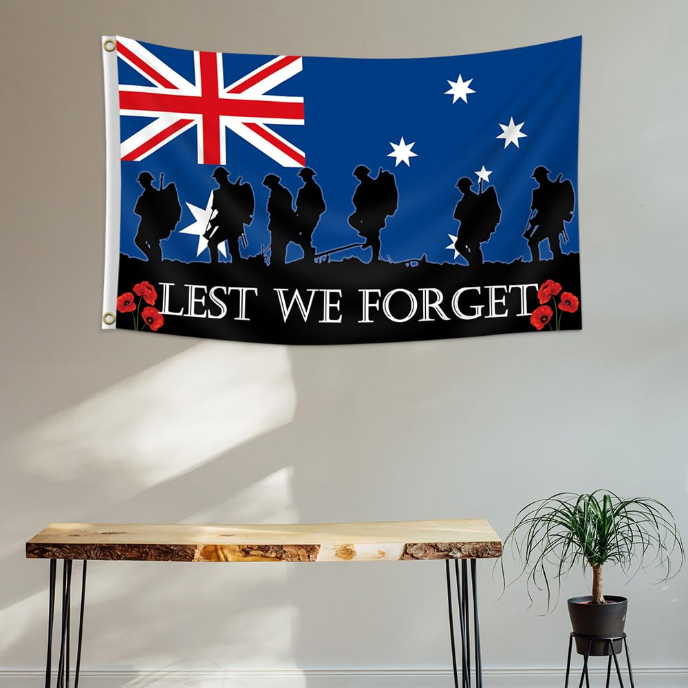 Australian Lest We Forget Flag 3X5FT Australia Anzac Day Flag 2 Grommet Decor Outdoor Flags for Memorial Day (Blue) image number 1