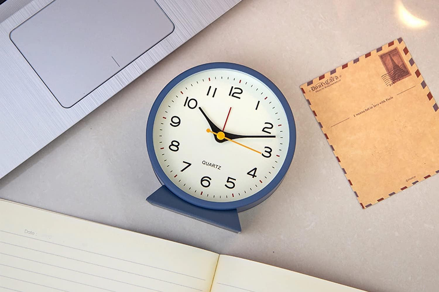 SHISEDECO 4.5" Battery Operated Antique Retro Analog Alarm Clock, Small Silent Bedside Desk Metal Clock with Light Function, Non-Ticking Clock Decor for Living Room,Bedroom,Bedside,Shelf (Navy Blue) - Orange image number 6