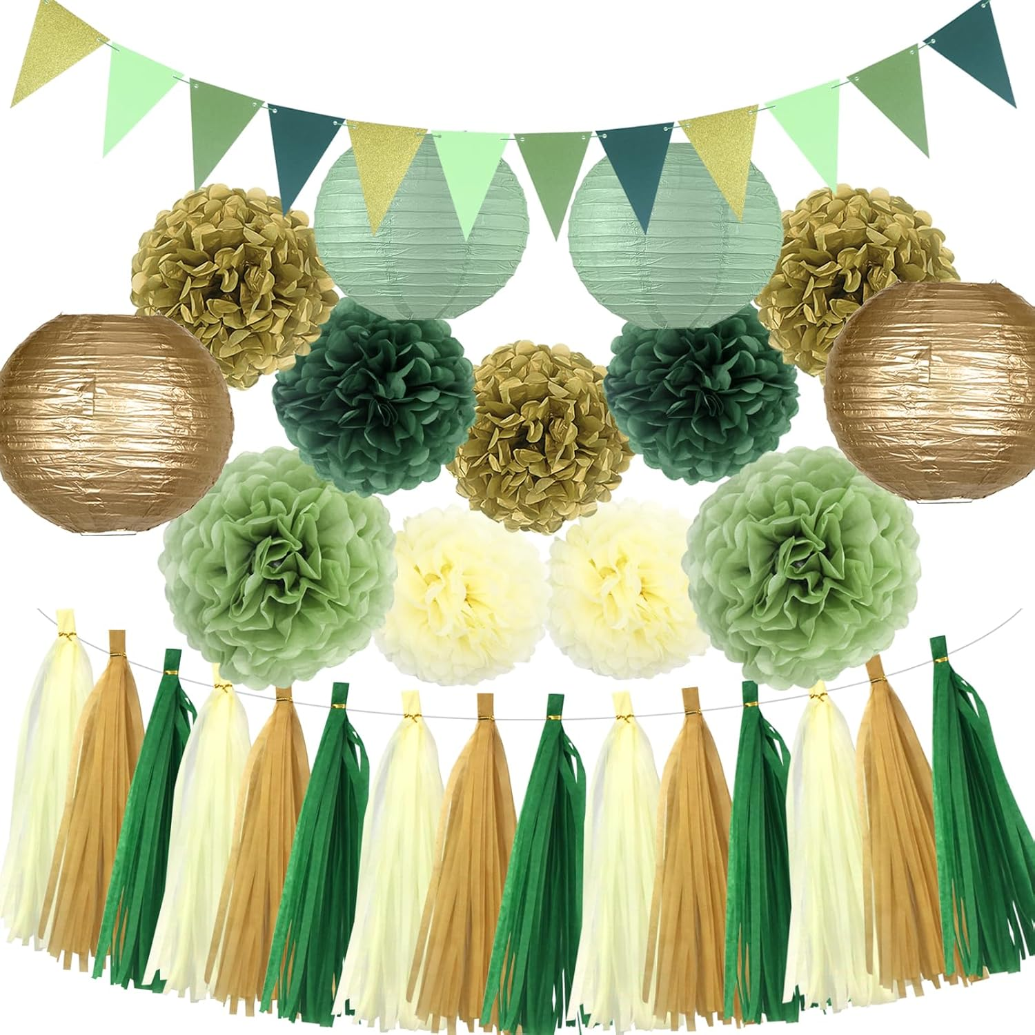 (Yellow) - 33Pcs Party Decoration Supplies Set, Yellow Tissue Paper Pom Poms Flowers Paper Lanterns Tassels Hanging Garland Banner Triangle Flag Bunting for Birthday, Bridal, Baby Shower, Wedding Graduation