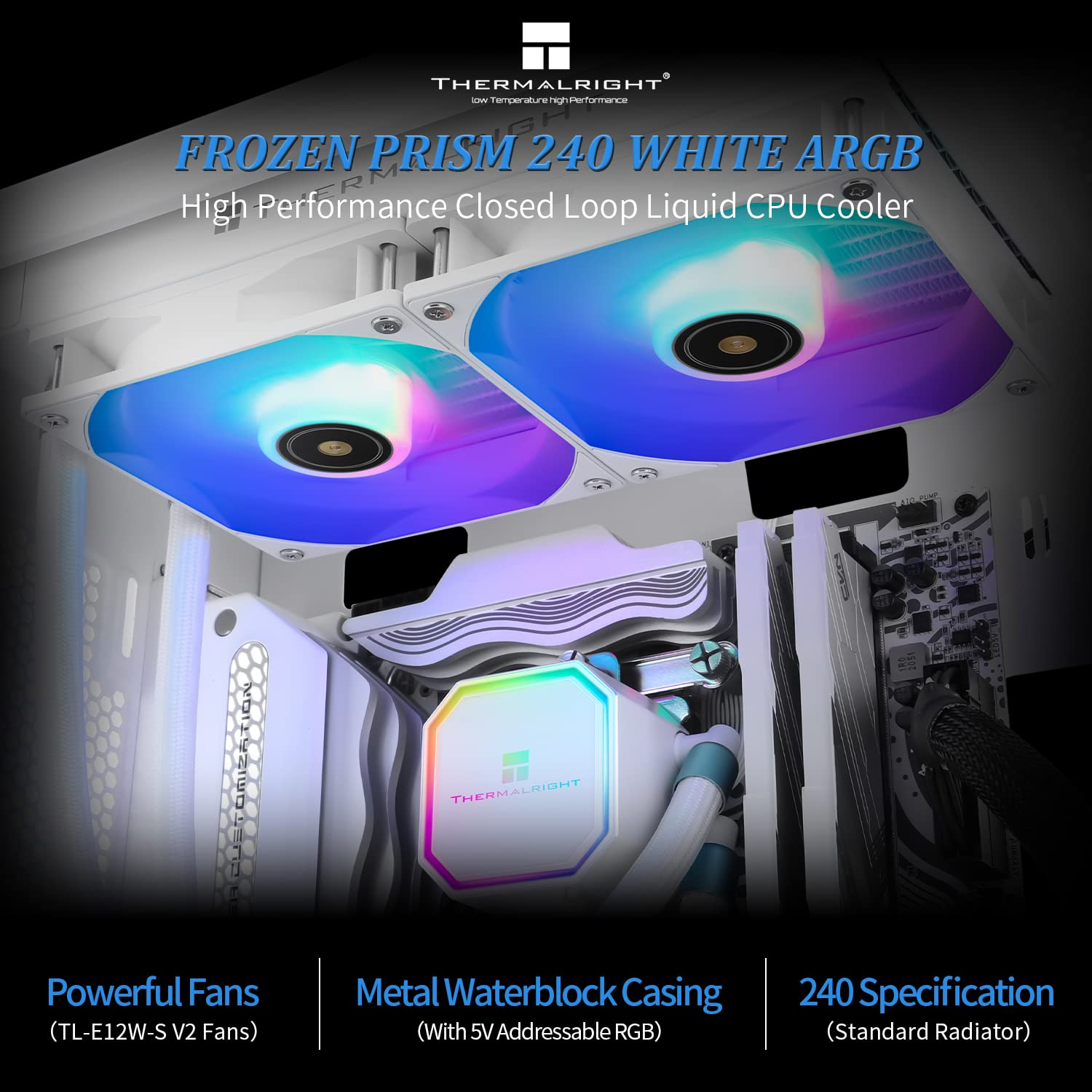 Thermalright Frozen Prism 240 White ARGB CPU Water Cooler with Dual PWM Fans ARGB, Water Pump Speed Is 3300RPM, for AMD: Am4/Am5,Intel Lga1150/1155/1200/1700/1851/2011,Case 240 Radiator image number 4