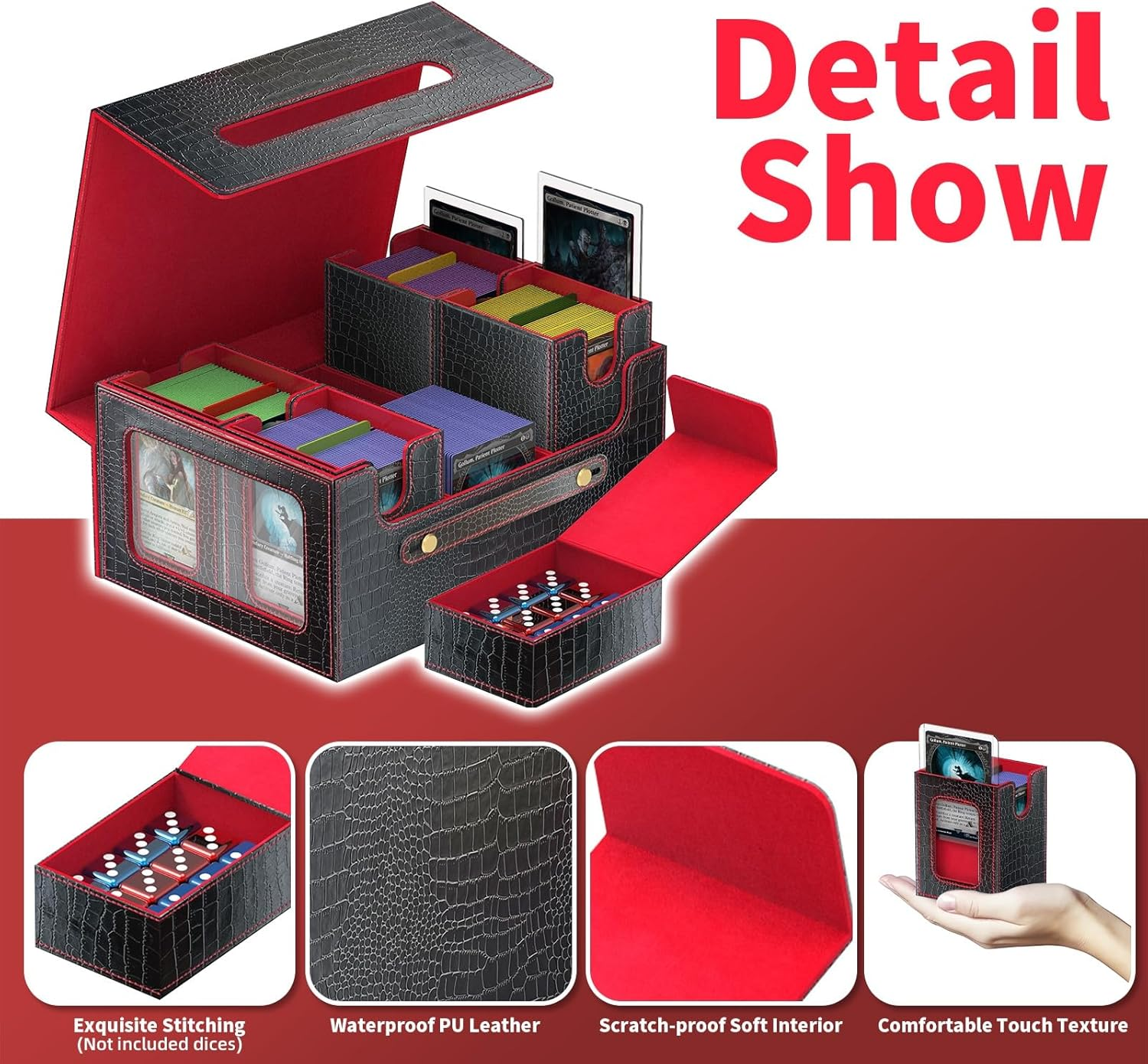 Cyperever Leather Trading Card Storage Box for MTG, Card Storage Box with Commander Deck Display, MTG Deck Box, TCG Sports Case, 4 Toploaders, 4 Stoppers, 10 Colorful Dividers (Black & Red)