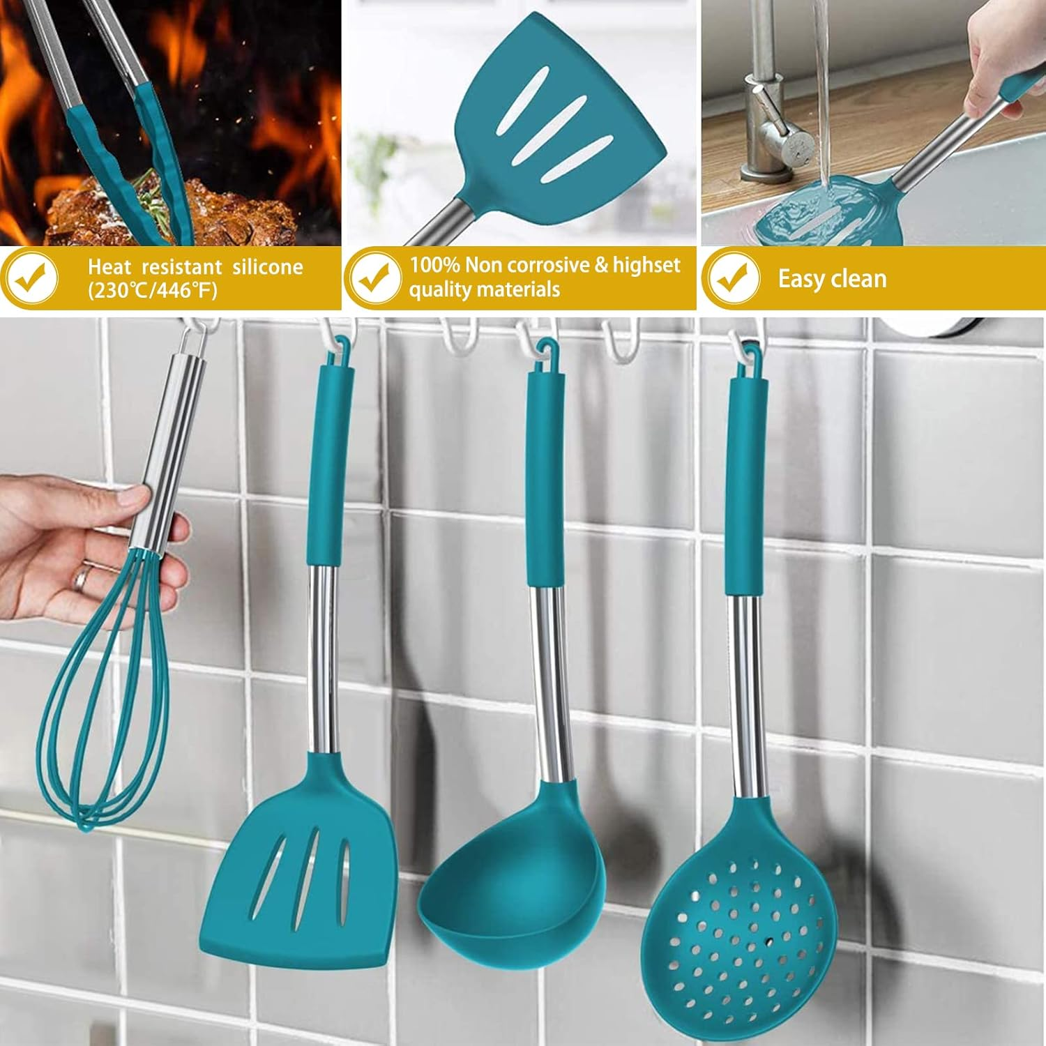 15 Pcs Silicone Cooking Utensils Kitchen Utensil Set - Umite Chef 446&deg;F Heat Resistant Stainless Steel Handles Kitchen Gadgets Tools Set for Nonstick Cookware(Blue) image number 6