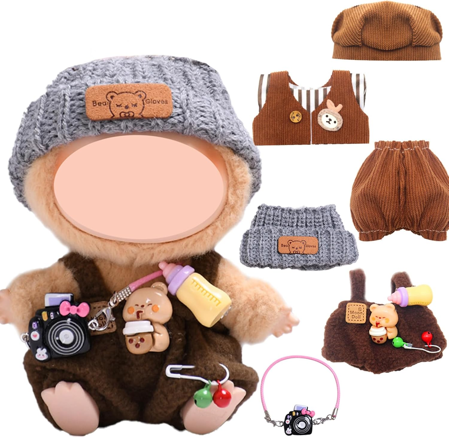 Pack of 7 Clothes for Doll, 17 Cm Doll Clothes Accessories with Grey Hat Dungarees Camera Brown Hat Clothing Vest Trousers for Boys Girls Gifts (Doll Not Included) image number 6