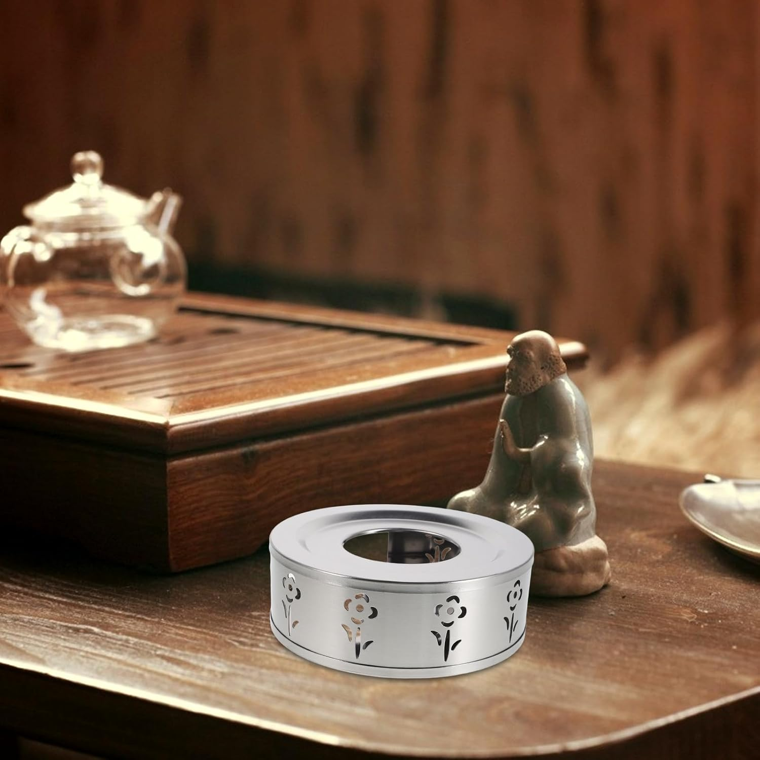 DONFAMDS Stainless Steel Teapot Warmer with Artistic Flower Pattern Convenient Warm Tea Base for Espresso Coffee Milk User-Friendly Water Kettle Heater Stand for Household and Outdoor Use image number 3