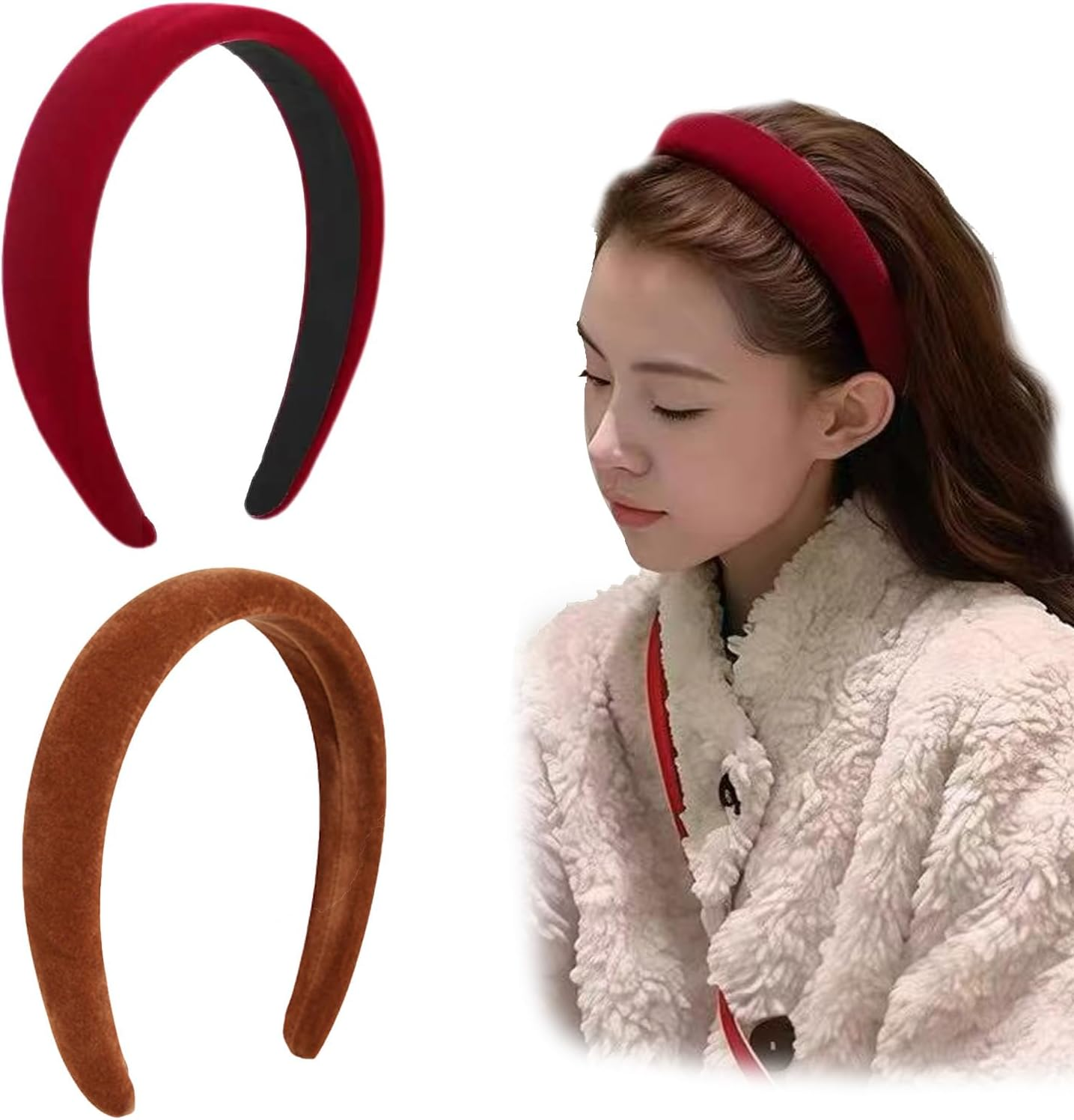 KASESSS 2 Pcs 3Cm Velvet Wide Headbands for Women, Fashion Accessories Headband, Elastic Head Bands Non-Slip Hair Accessories, Caramel Brown Burgundy Headbands for Girls, Head Band for Daily Party image number 2
