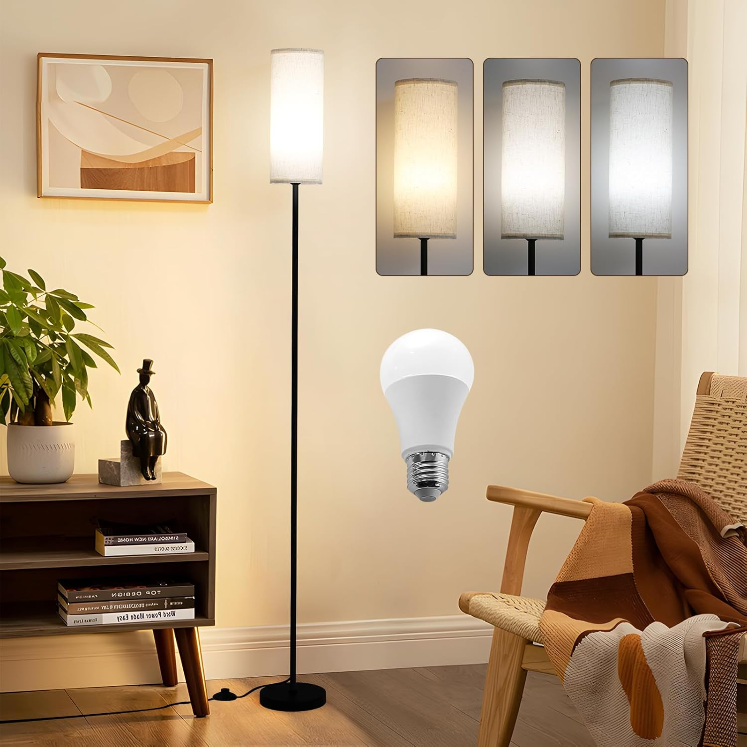 LED Floor Lamp for Living Room,Dimmable Standing Lamps with Foot Switch,3 Color Temperature Black Pole Lamp with Lampshade,Corner Floor Lamp for Bedroom Office Kid Room