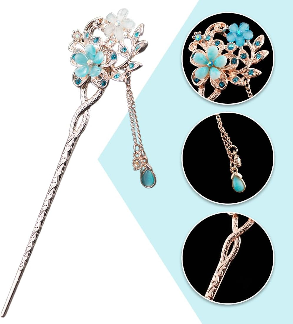 Vintage Hair Stick Opal Flower Hair Sticks Hair Decor Chinese Hairpins Old Hair Clip Old Hair Clip Blue image number 3
