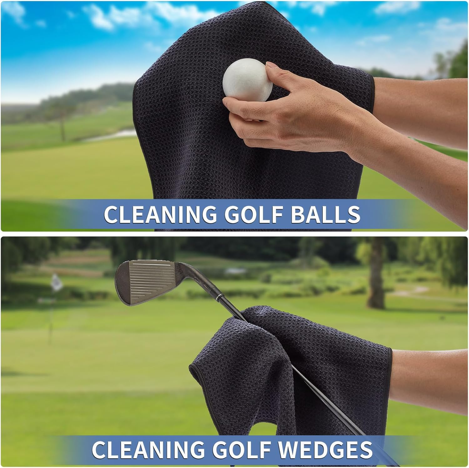 4 Pack Golf Towels, 11.8" X 11.8" Microfiber Golf Towel with Carabiner Clip, Waffle Pattern Golf Towels with Hook and Loop Fastener for Golf Bag, Golf Cleaning Towel Black/Grey/Red/Navy Blue