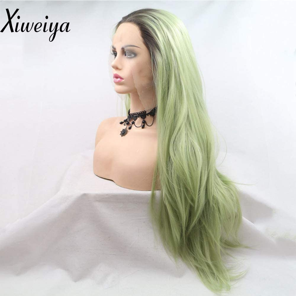 Xiweiya Wigs Long Natural Straight Wig Green Color Synthetic Lace Front Wig Middle Parting Avocado Green Hair Glueless Heat Resistant Fiber for Women Cosplay Makeup 24 Inches