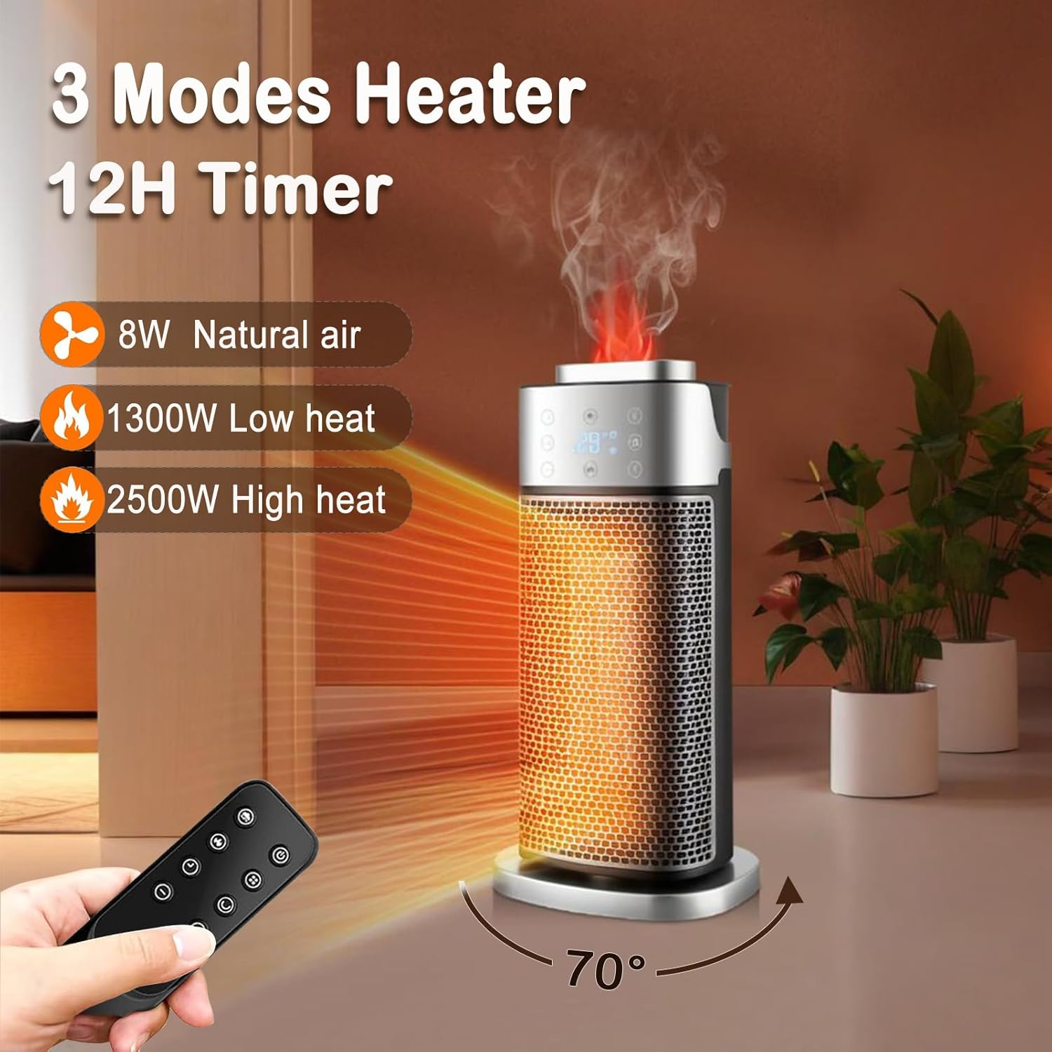 Space Heater Indoor with Humidifier & Flame Night Light - 2000W PTC Ceramic Heater Fast Heating with Remote, Oscillation, Timer with Thermostat for Office Bedroom (AU Plug) image number 3