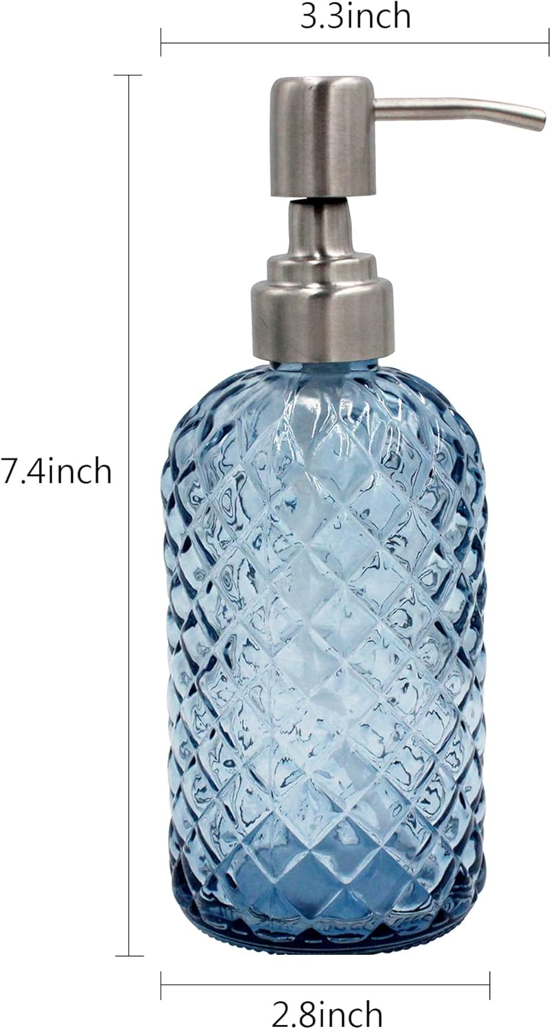 16 Oz Diamond Pattern Glass Soap Dispenser, Kitchen and Bathroom Refillable Soap Dispenser with Rust Resistant Stainless Steel Pump for Hand Soap, Lotion Glass Liquid Dispenser (Blue) image number 1