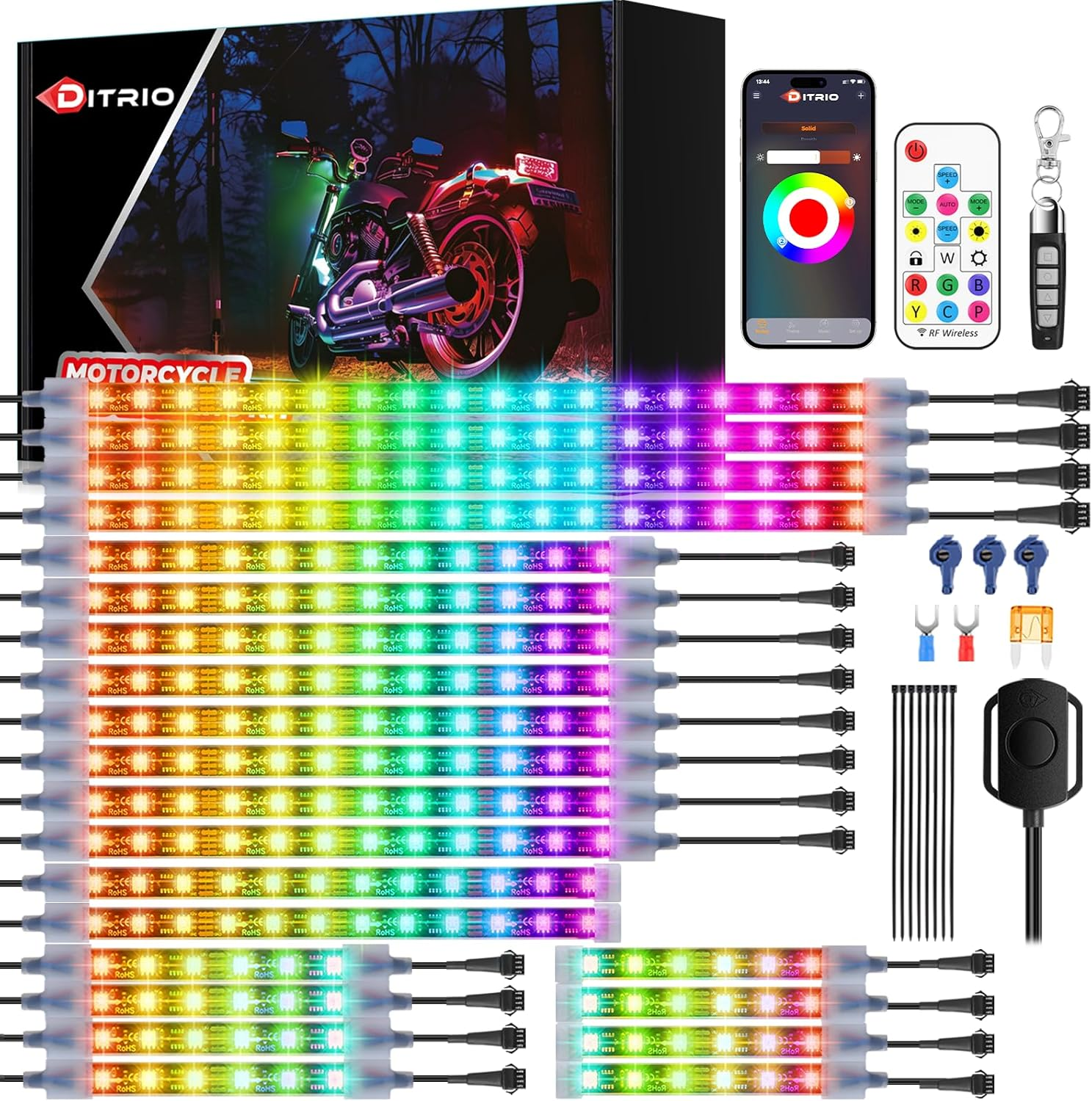 6Pcs Motorcycle Led Underglow Kit with DITRIO APP & 2 RF Remote Control,Motorcycle RGB Lights with Brake Turn Signal, Dual Zone,12V Waterproof Pixelglow Effects for Motorcycles, Golf Carts, Atvs, Utvs image number 2