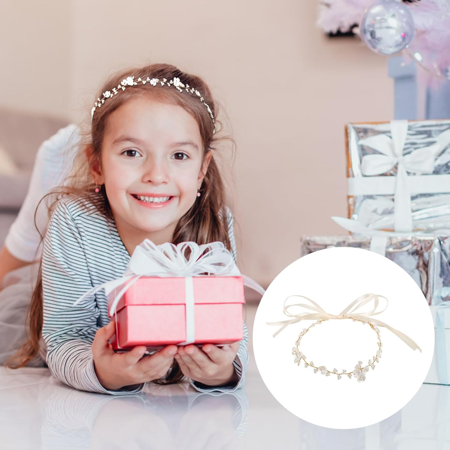 XIHIRCD First Communion Headpiece for Girls, White Princess Headband Flower Girl Headpiece Flower Girl Hair Accessory Pearl Girl Crown Wedding Party Hair Accessories for Women image number 2