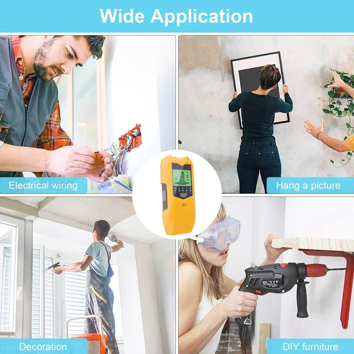 Stud Finder Sensor 5 in 1 Battery Operated SH402 Wall Scanner Detector Portable Electronic Detector with LED Display and Audio Alarm Handheld Stud Detector(Yellow) - Silver image number 4