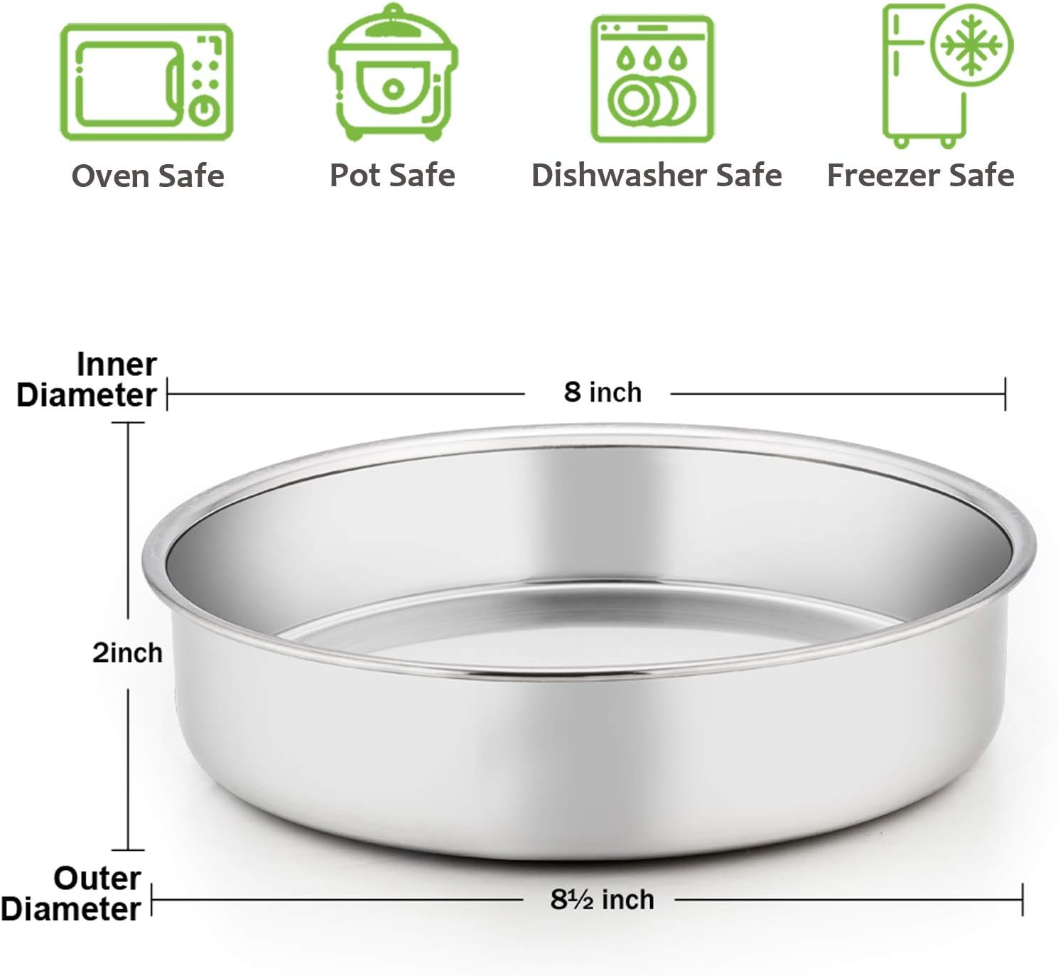 8 Inch Cake Pan Set of 3, E-Far Stainless Steel round Layer Cake Baking Pans, Non-Toxic & Healthy, Mirror Finish & Dishwasher Safe image number 3
