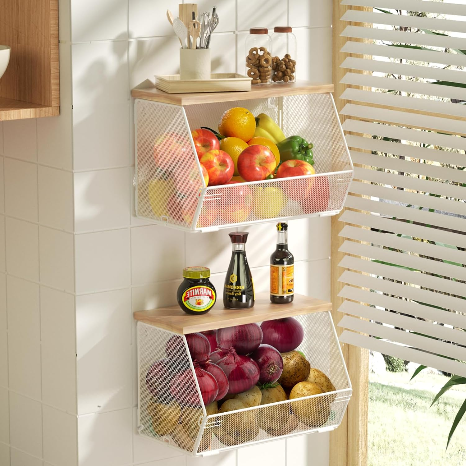 Fruit Basket for Kitchen Wire Baskets with Wood Lid, Wall Mounted Produce Basket for Fruit and Vegetable, Stackable Countertop Onion and Potato Storage, 7.1"W & 11.1"W Kitchen Counter Organizer