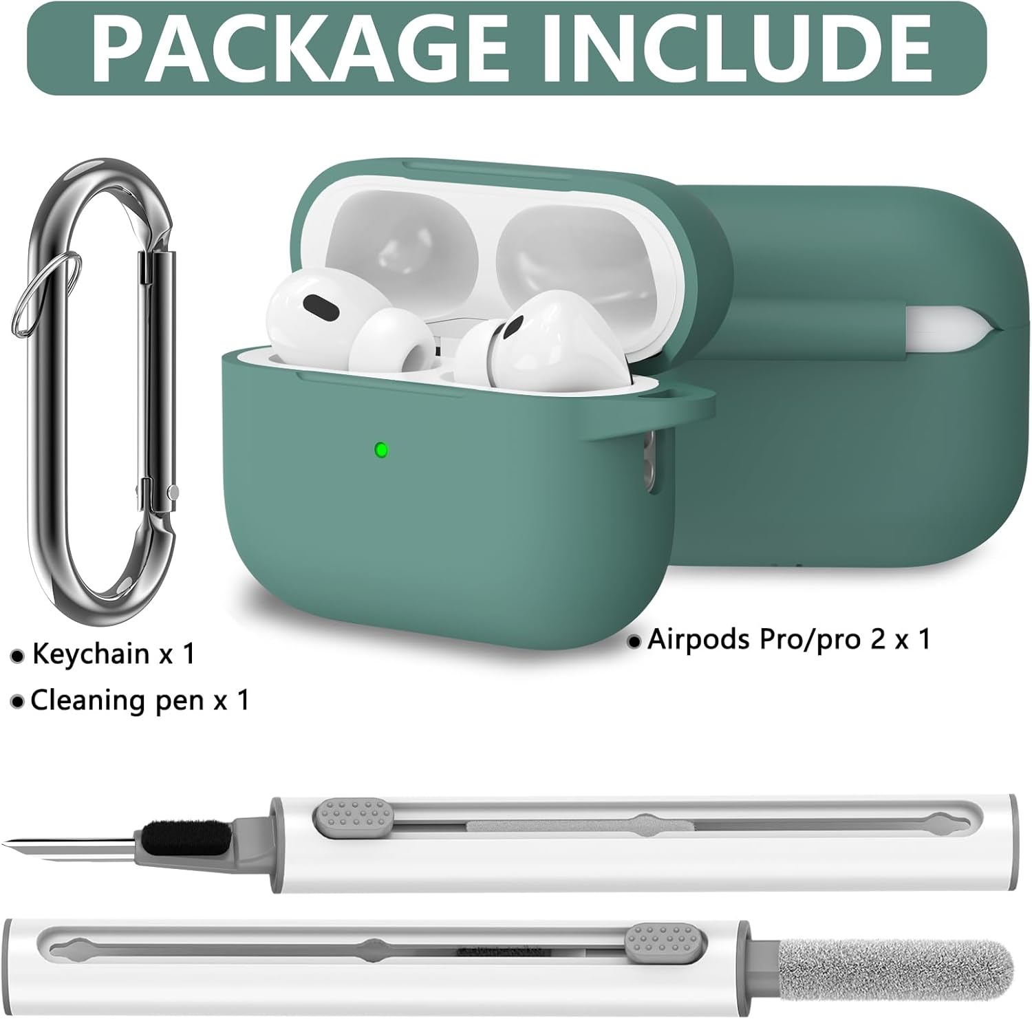 Inesore Compatible with Airpods Pro 2Nd/1St Case Cover with Cleaner Kit, Silicone Protective Case for Apple Airpods Pro 2Nd/1St Generation Charging Case with Keychain, for Women Men (Pine Green) image number 6