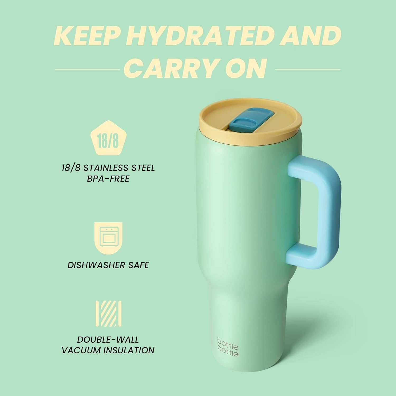 Bottle Bottle 40 Oz Drink Bottle Tumbler with Handle and Straw, Stainless Steel Vacuum Travel Mug, Car Cup with Straw, Stainless Steel Vacuum Water Bottle for Gifts Party Office Coffee (Mintgreen) image number 1