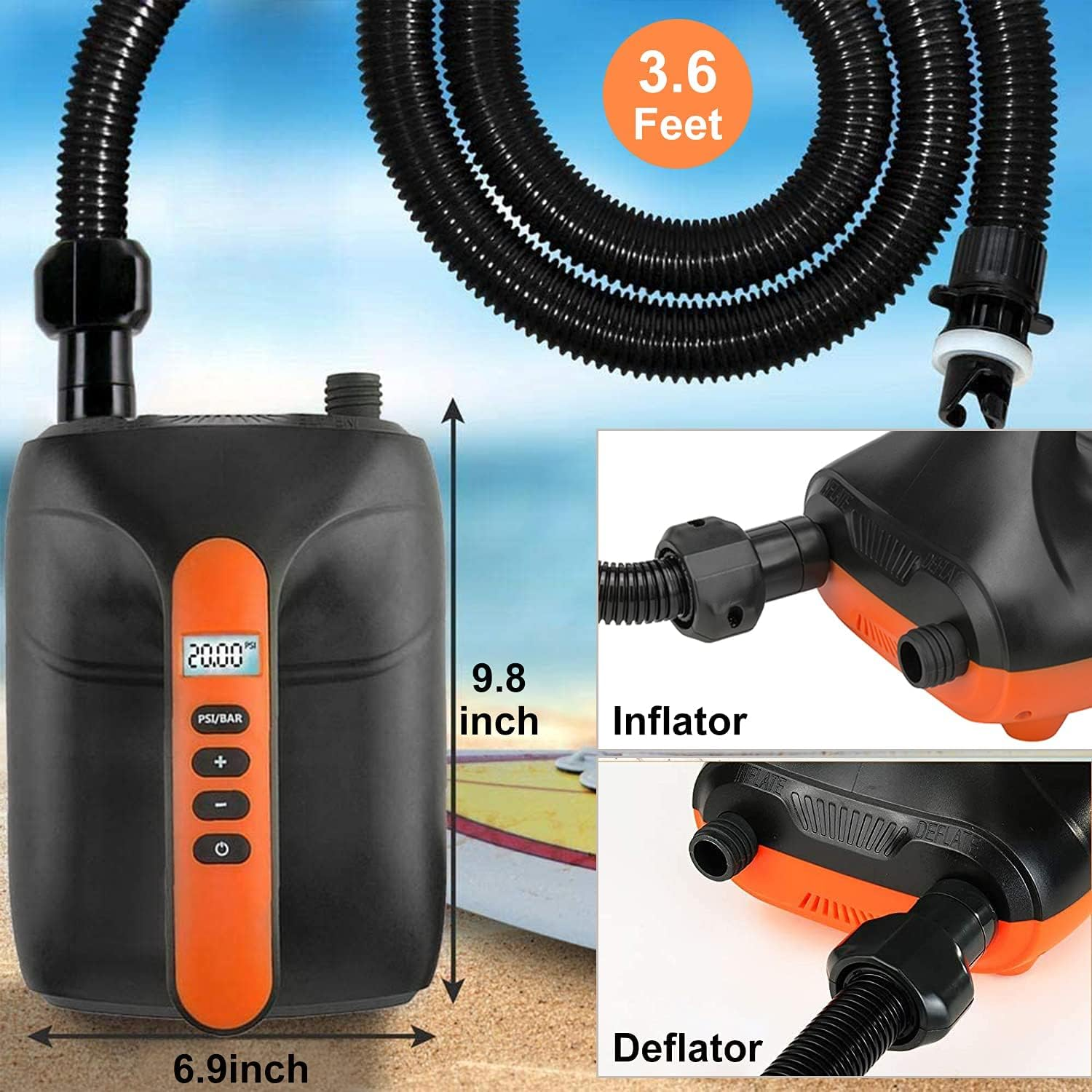 Electric Air Pump SUP 20PSI High Pressure Air Pump Quick-Fill Inflator Paddle Board Pump 12V DC Car Connector Dual Stage Inflation Paddle Board Pump for Inflatable Stand up Paddle Boards, Kayak, Boats image number 4