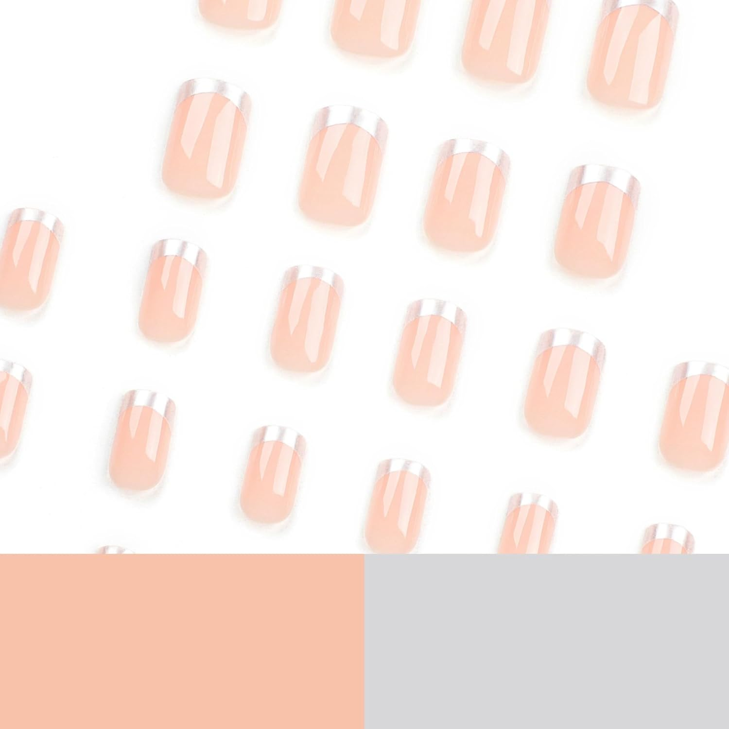 24Pcs Short Square Press on Nails French Tip False Nails Silver Edge Fake Nails Salmon Pink Stick on Nails Removable Glue-On Acrylic Nail Tips Wedding Bridal Accessories for Women image number 1