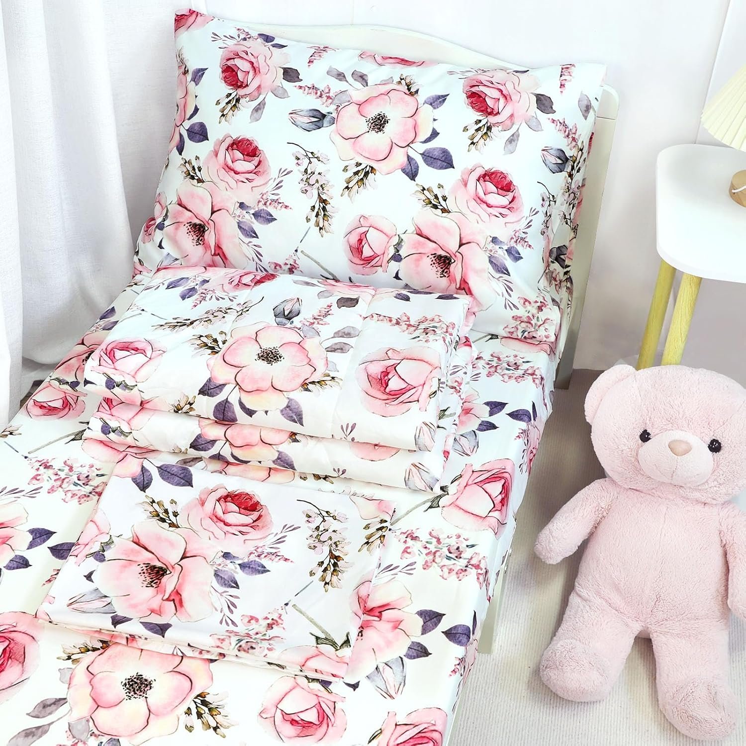 Toddler Bedding Sets for Girls, 4 Piece Soft Crib Bedding Set, Flower Toddler Girl Bed Comforter Set, Includes Pink Floral Series Comforter, Fitted Sheet, Flat Sheet and Pillowcase