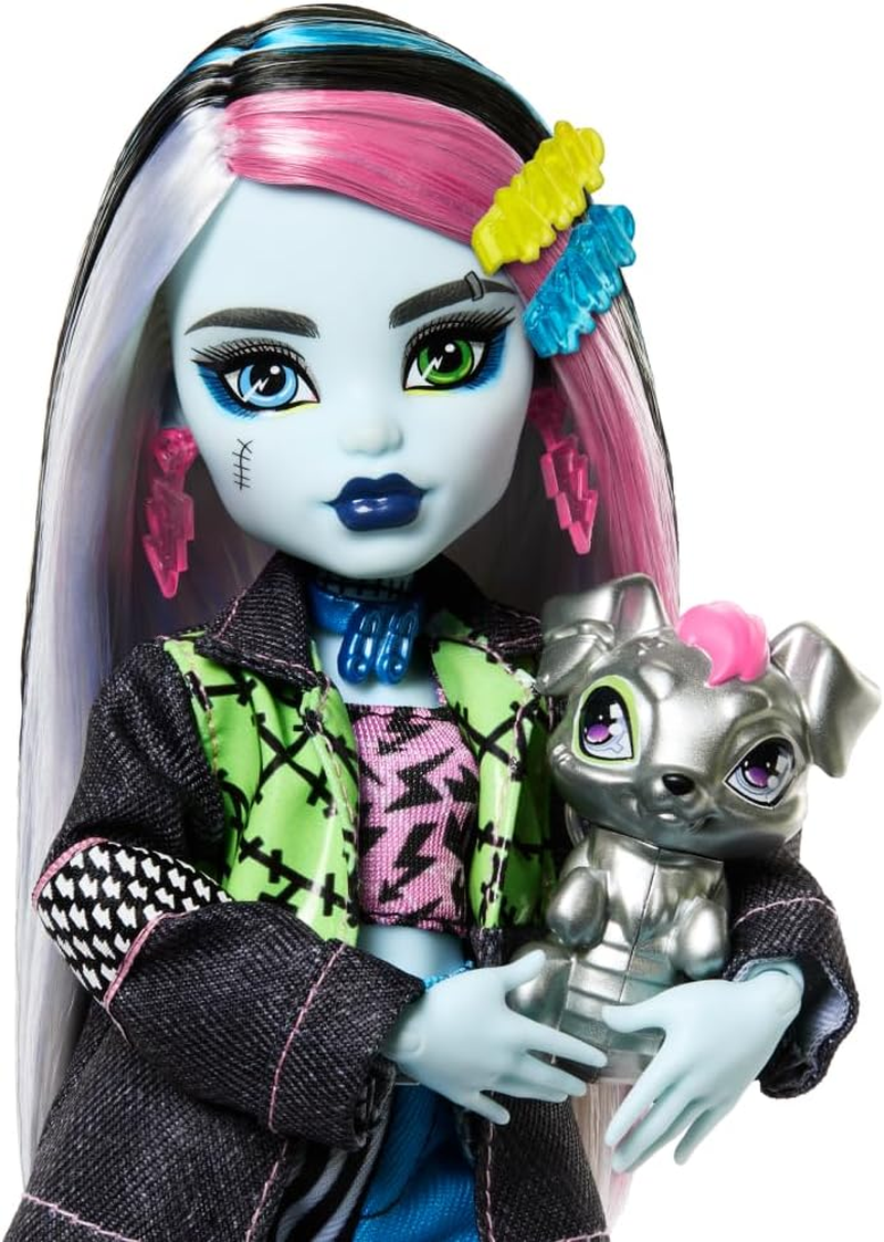 Monster High Frankie Stein Doll in Denim Jacket and Shorts, Includes Pet Dog Watzie and Accessories like a Backpack, Snack and Notebook