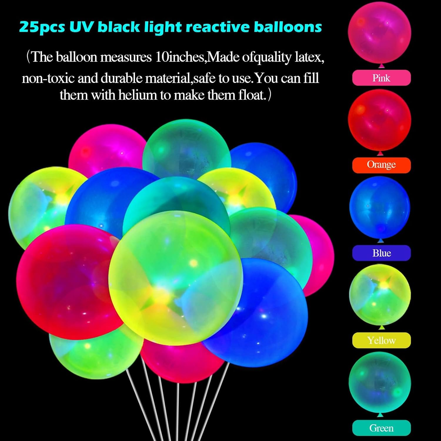 Glow Party Neon Party Supplies Includes 6 UV Blacklight Reactive Tape Luminous Tapes Neon Paper Garland Happy Birthday Banner 10 Hanging Swirls, 25 Fluorescent Balloons for Birthday Party Decorations image number 1