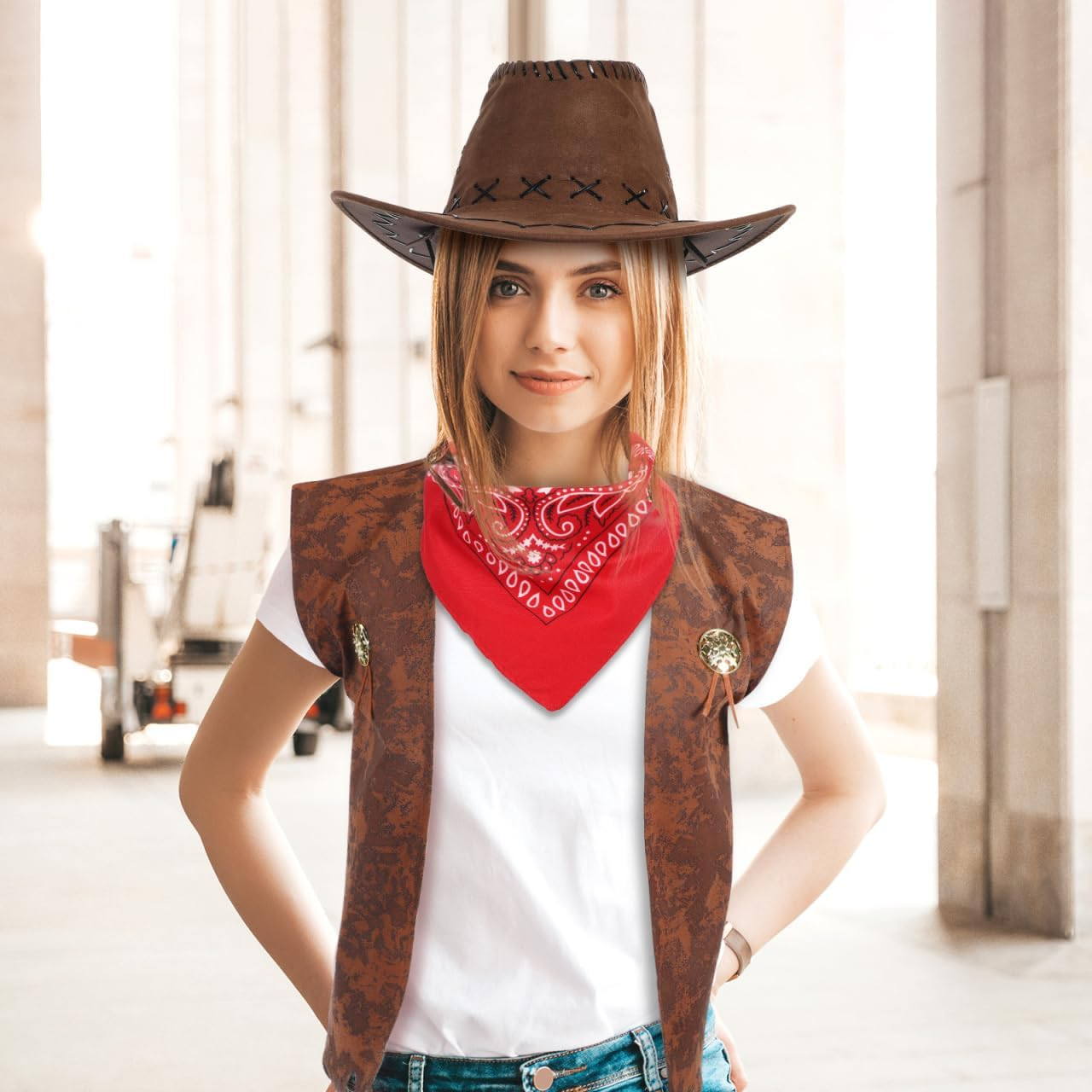 VICASKY Western Outfits for Men, 3Pcs Halloween Suede Leather Vest Scarf Hat Cowboy Tassel Vest Hat Paisley Bandana for Halloween Cosplay Accessory image number 3