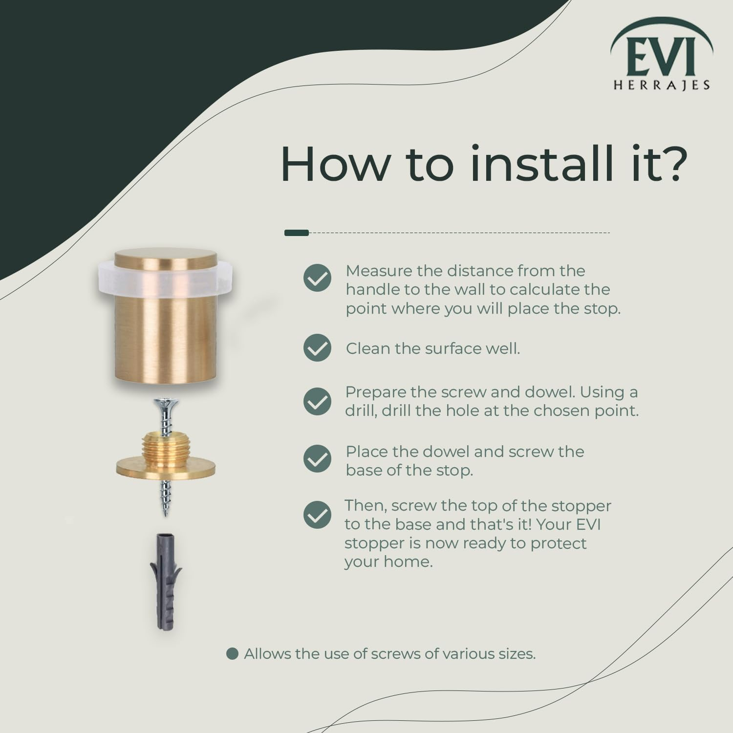 EVI Herrajes | Heavy Duty Door Stoppers | &Oslash;24X30Mm | Floor Mounted | Brass Matte Finish | Protection Rubber | Mod I-180 image number 2