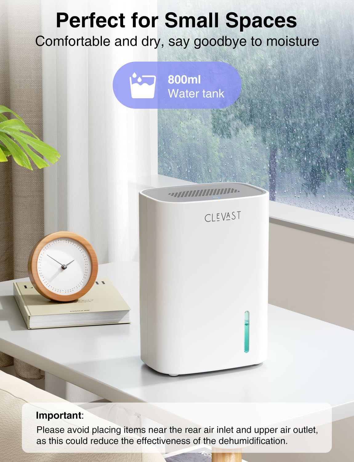 CLEVAST Small Dehumidifier for Home, 900Ml Mini Quiet Dehumidifiers for Bedroom, Portable Compact Air Dehumidifier for Room, Bathroom, Closet, RV, Camper, House, Baby Nursery with Auto Shut Off image number 6