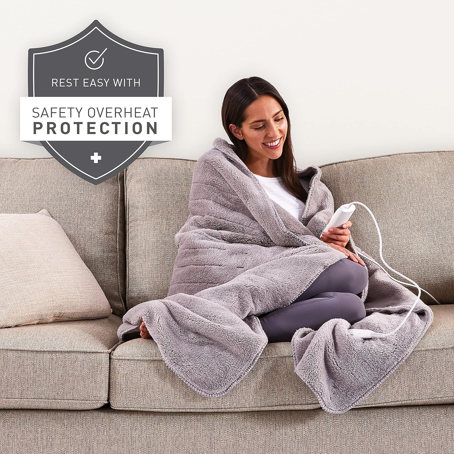 Sunbeam Feel Perfect Sherpa Fleece Heated Throw Blanket Grey, Secure Sleep Protection, 6 Heat Settings, Fast Heat Up, Machine Washable TRF4200