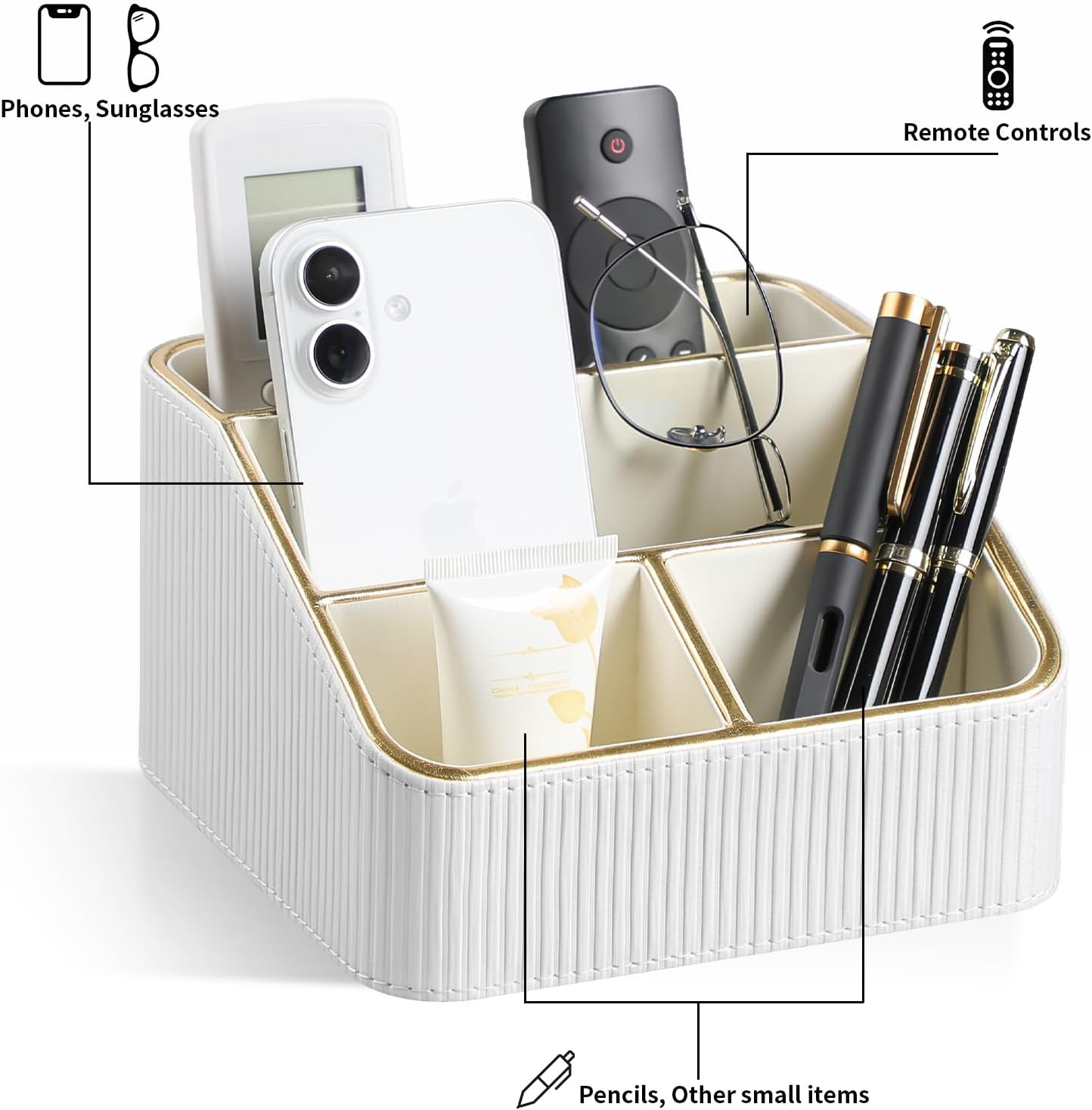 Cretkhp Remote Control Holder with 4 Compartments, PU Leather Small Nightstand Organizer for Home Desk Accessories Office Supplies, Multifunctional Stylish Small Bedside Desktop Organizers (White) - White image number 3
