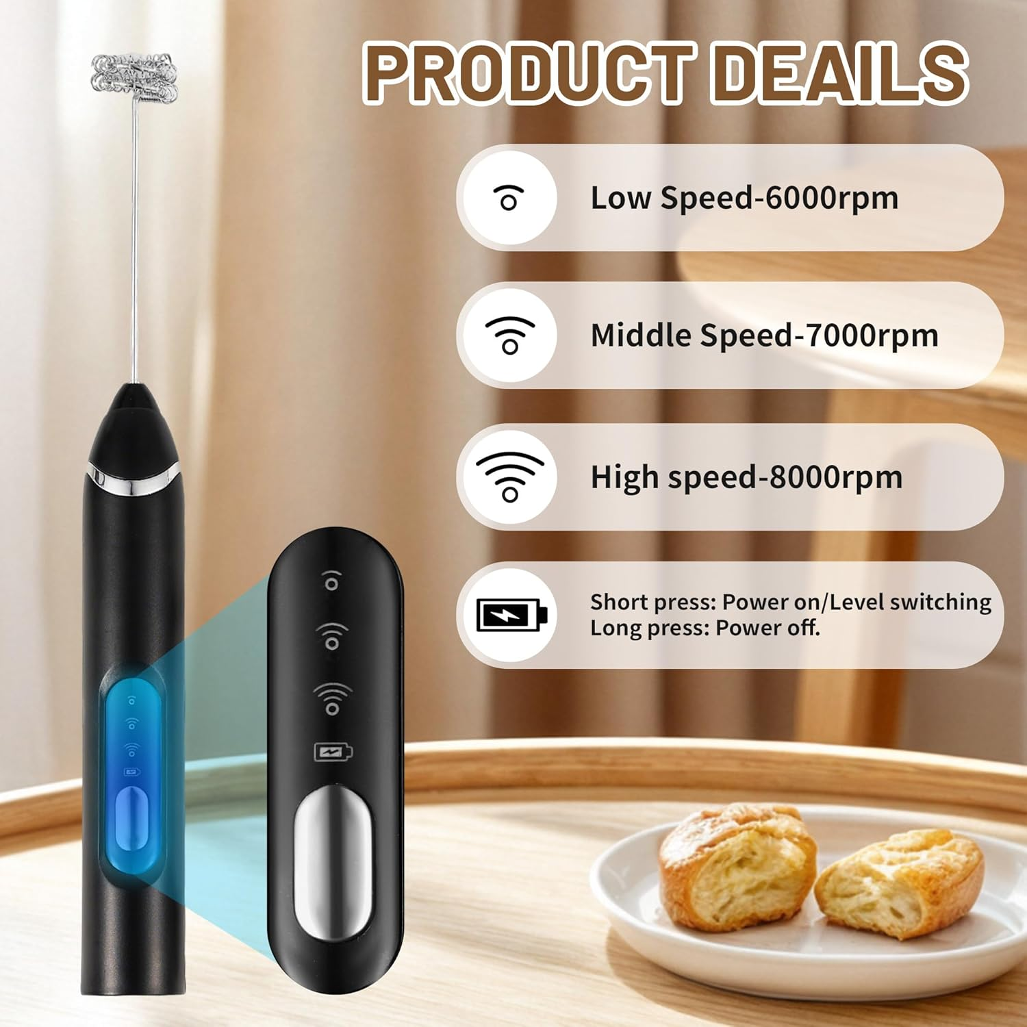 Milk Frother, Handheld Electric Foam Maker,Rechargeable Power Frother Wand Foam Maker,Drink Mixer for Coffee, Latte, Cappuccino, Matcha, Hot Chocolate, Egg,With Stand, Black image number 4