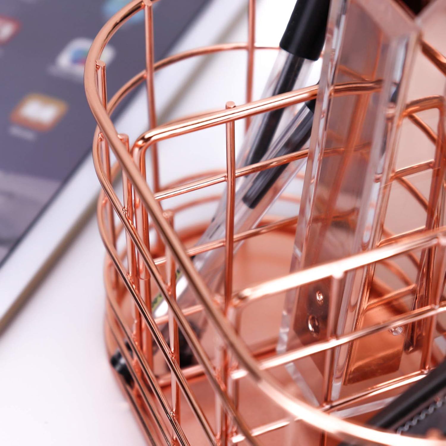 LEORISO Pen Holder with 3 Slots, Metal Desk Accessories Organizer for Home School Office Supplies Organizer, Makeup Brush Holder, Rose Gold image number 6
