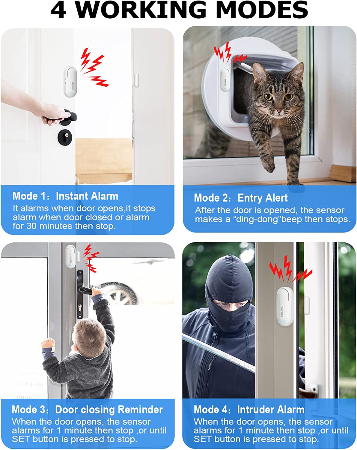 DAYTECH Door Alarm Sensor Volume Adjustable Door Open Chime 0-120 Db Window Alarm with 4 Modes for Kids Safety Dementia Patients Home Security, 1 Pack image number 4