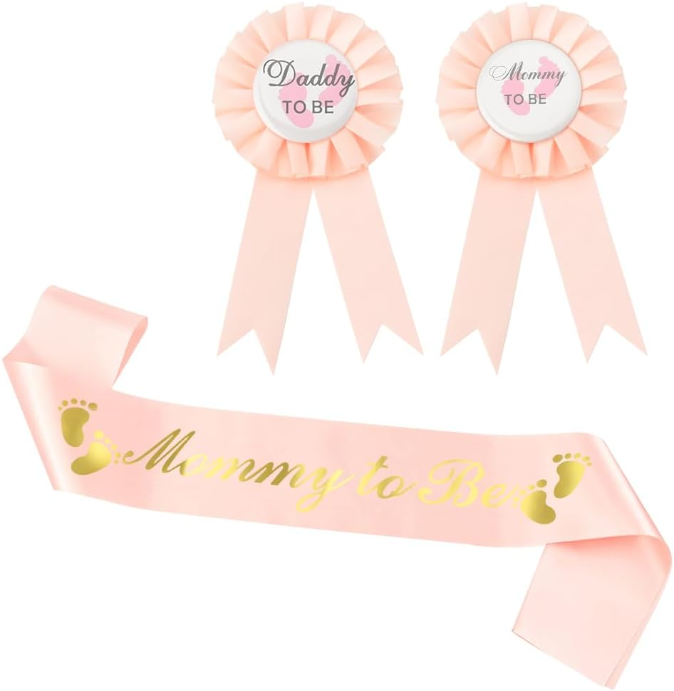 Parent to Be Pins Sash for Baby Shower Boy Girl Gender-Neutral Mommy Daddy to Be Button Badges and Sash Set of 3 New Dad Mom Gifts for Women Men