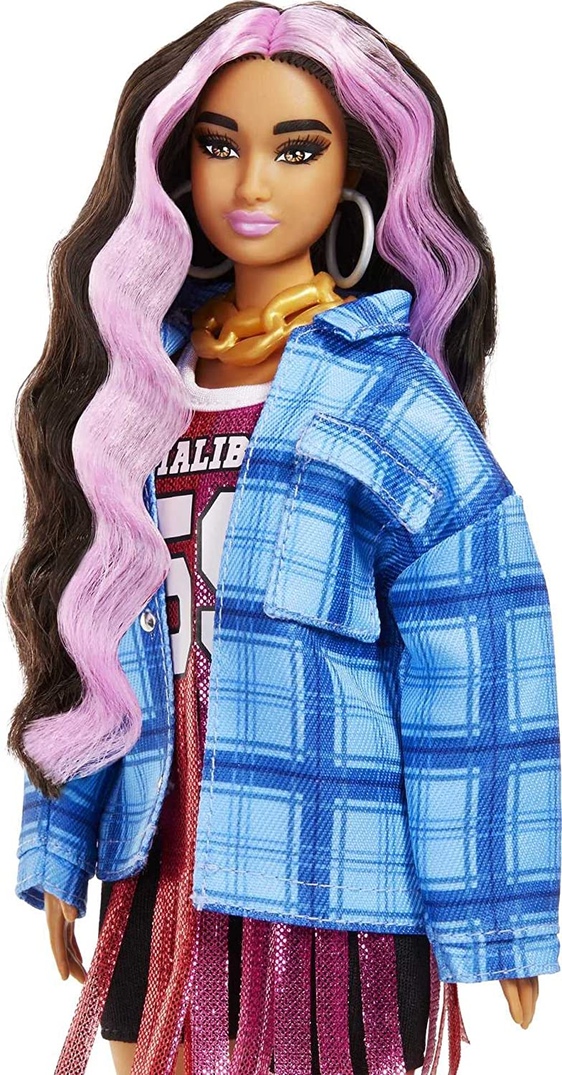 Barbie Dolls and Accessories, Extra Fashion Doll, Pink-Streaked Crimped Hair, Pet Corgi, Jersey Dress, Toys and Gifts for Kids image number 2