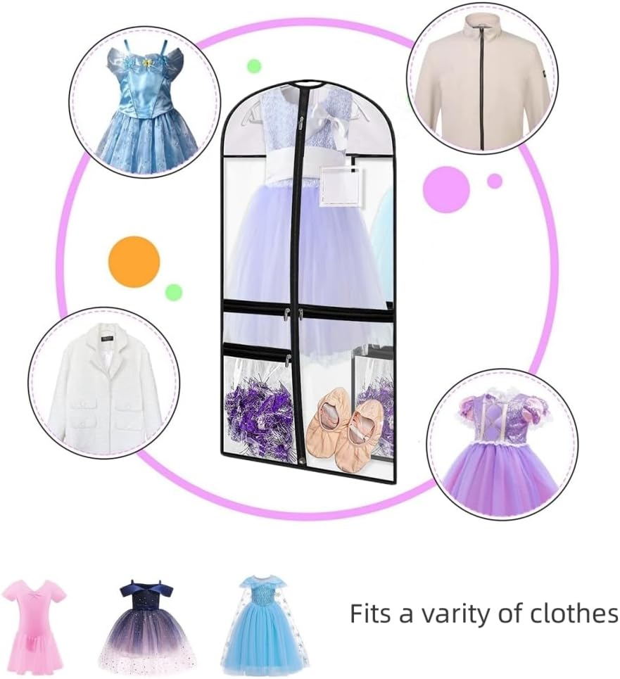 Clear Dance Costume Garment Bag, 39 Inch Garment Bag for Dance Competitions, Kids Hanging Clothes Cover for Girls Closet Storage with 3 Zippered Pockets (2 Pack, Clear) image number 5