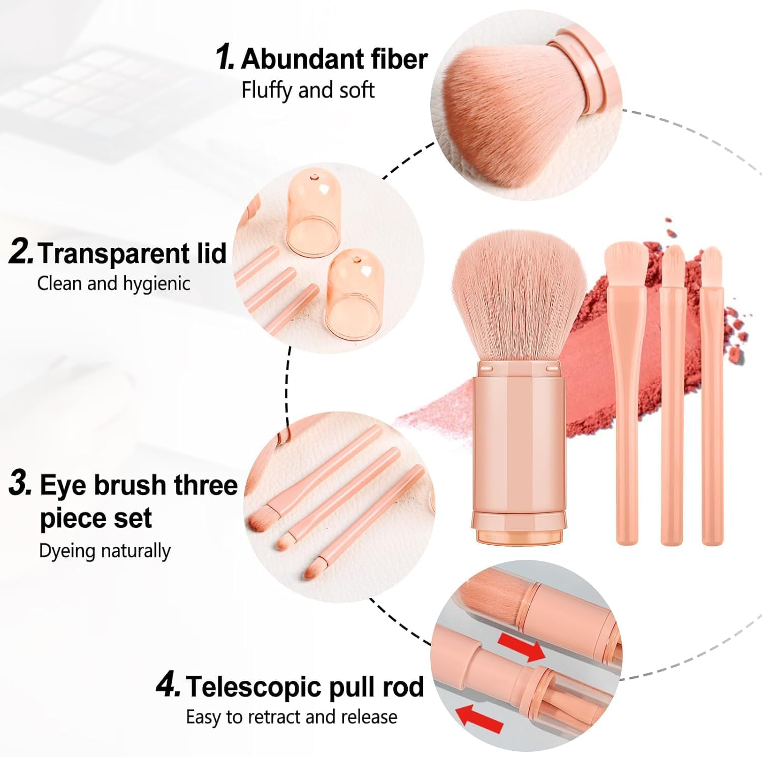 Travel Makeup Brush Set with Case, 4 in 1 Mini Cute Makeup Brush Retractable Professional Foundation Blending Powder Eye Shadow Brush for Women Facial Cosmetics Makeup Brush Set(Apricot) image number 3