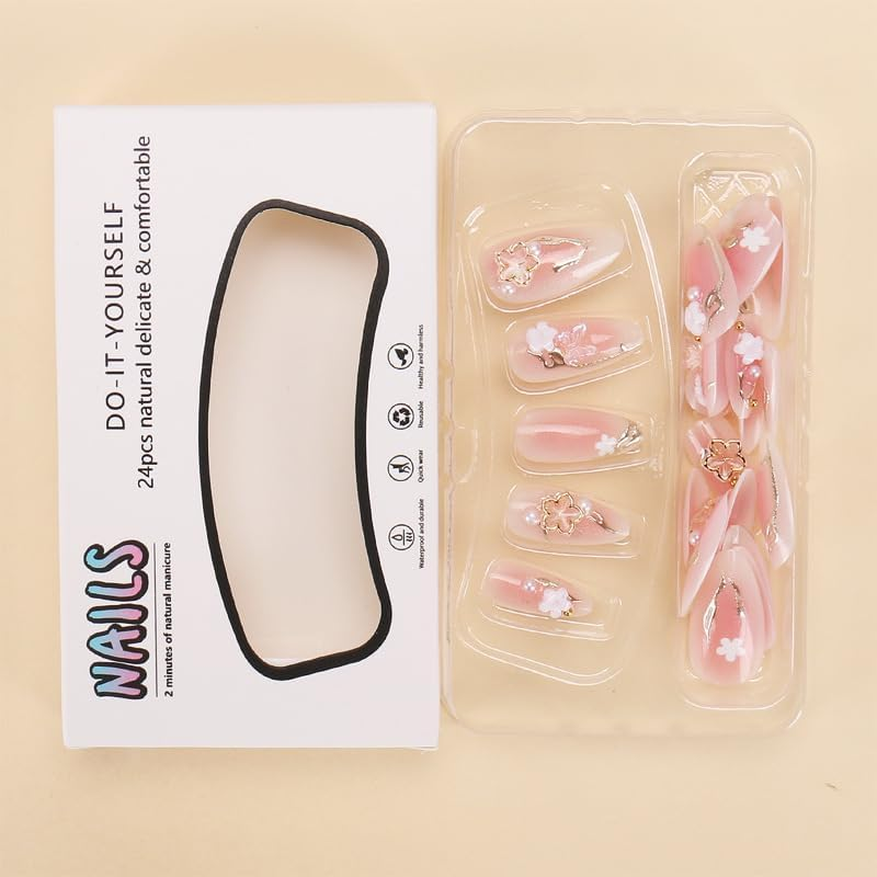 ＴＩＺＹＦＦ Press on Nails, Flower Gilt Fake Nails, Artificial Nails for Women and Girls -24 Pc