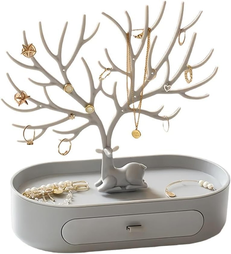 Antler Tree Jewelry Organizer Stand with Storage Drawer and Tray for Necklaces, Rings, Earrings, and Bracelets (Grey)