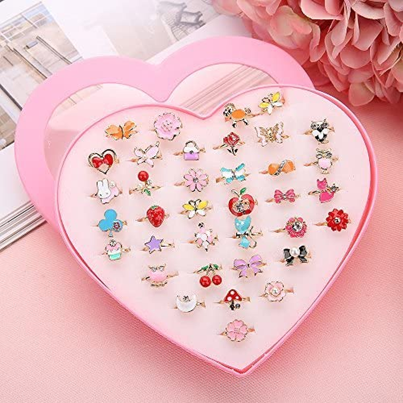 Fineder 36Pcs Children Kids Little Girl Gift, Jewelry Adjustable Rings in Box, Girl Pretend Play and Dress up Rings,Random Shape and Color, Little Girls Gift image number 4