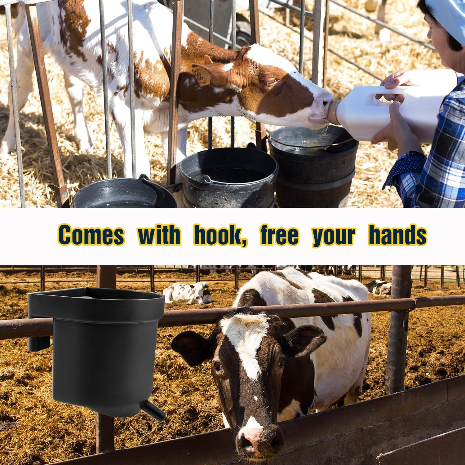 Abbylike 2 Pack 4 Quart Single Teat Calf Milk Feed Bucket Hook over Hanging Calf Feeder Bucket with Nipple Mountable Plastic Livestock Feeder for Farm Stall Barn Cowshed Cattle Housing Feeding image number 6