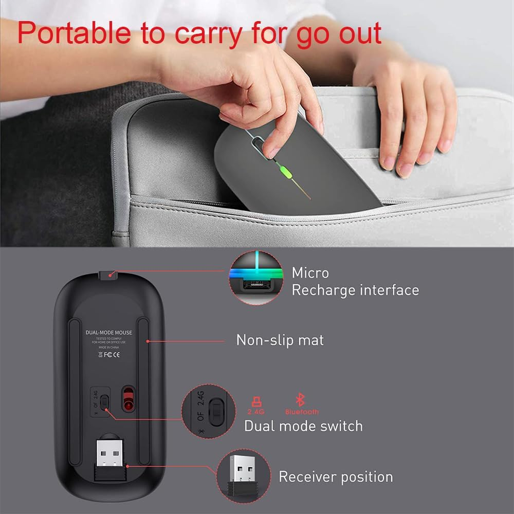 LED Wireless Mouse, Rechargeable Slim Silent Mouse 2.4G Portable Wireless Bluetooth Mouse Dual Mode with USB Receiver and Type C Adapter, 3 Adjustable DPI for Notebook, PC, Laptop (Grey) image number 6