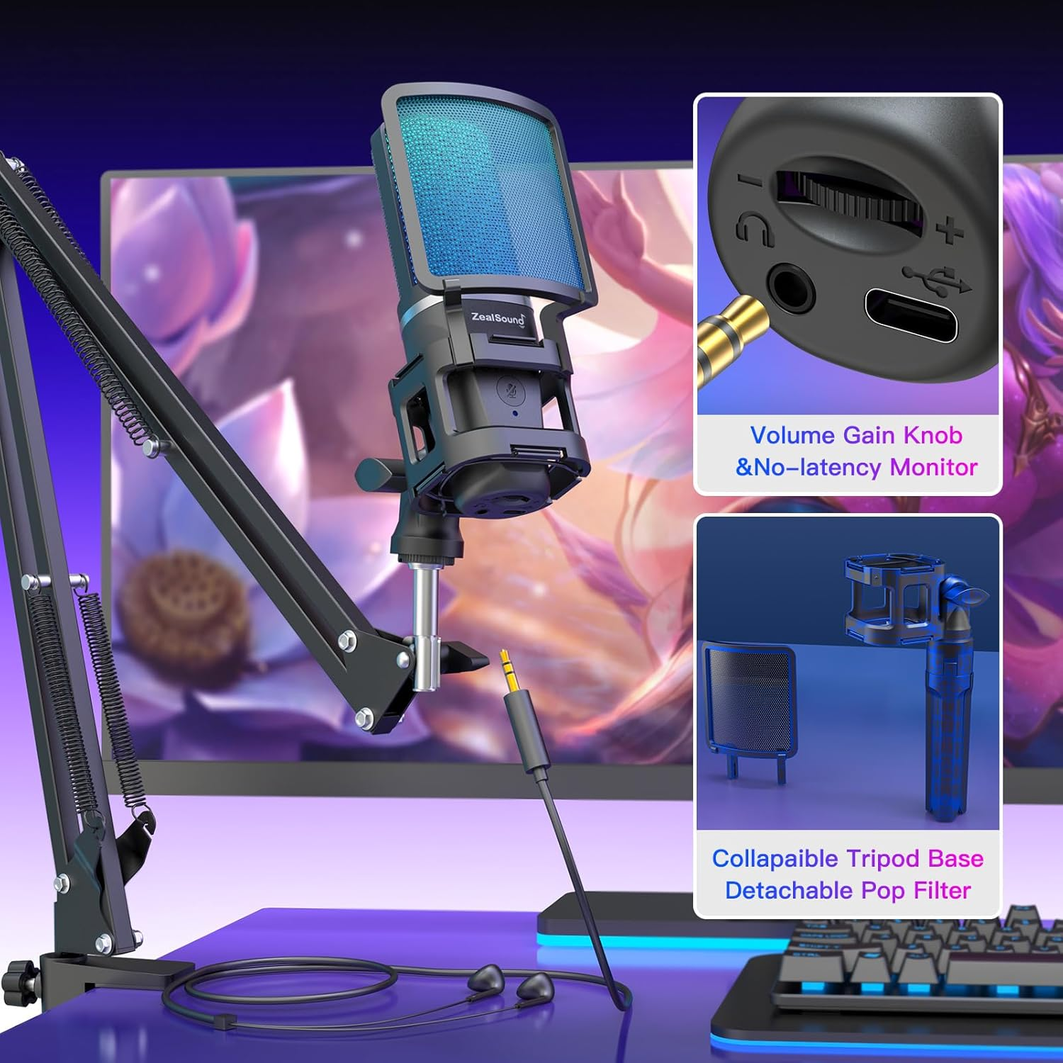 Zealsound Gaming USB Microphone,Noise Cancellation Condenser Mic,Rgb Microphone with Mute,Gain,Monitoring,Boom Arm,Pop Filter for Phone,Pc,Computer,Ps4,Ps5,Mac,Streaming,Podcast,Twitch,Youtube,Discord image number 6